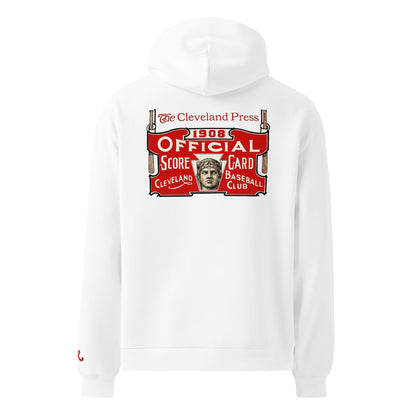 White hoodie with a vintage-style logo on a white background