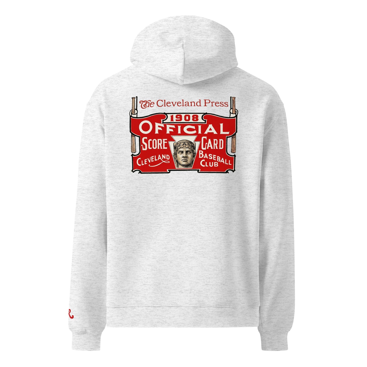 Gray hoodie with vintage-style logo on the back on a white background