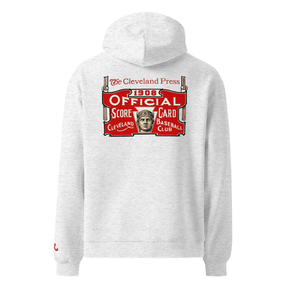 Gray hoodie with vintage-style logo on the back on a white background