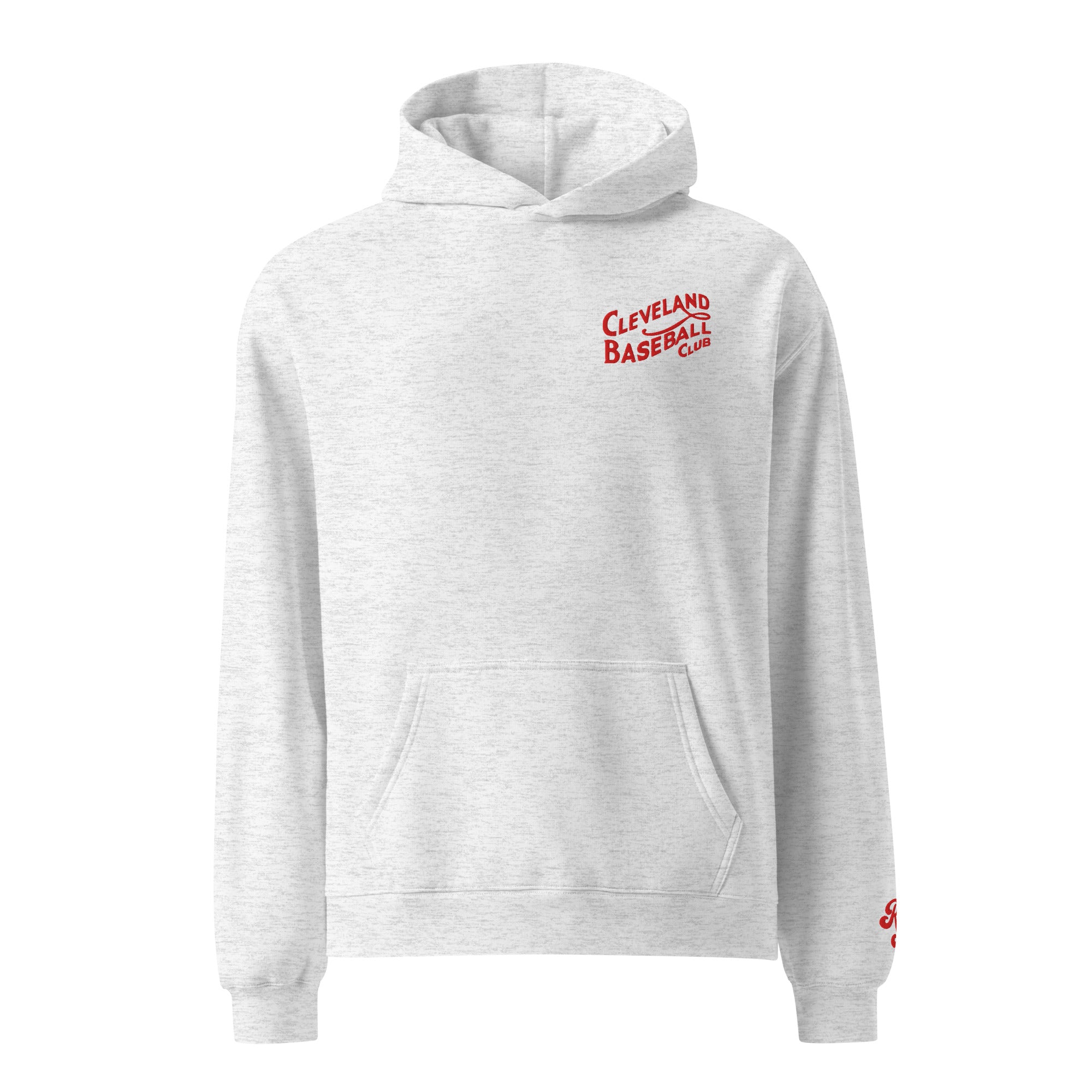 White heather hoodie with 'Cleveland Baseball Club' text on a white background