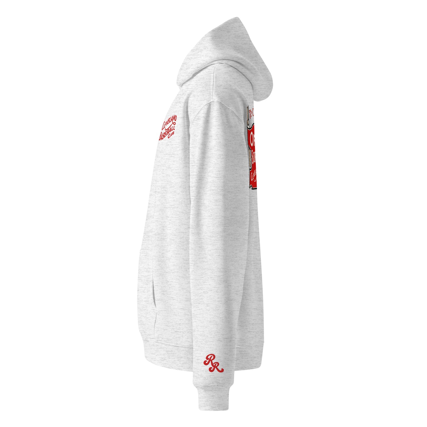 Gray hoodie with red branding on a white background