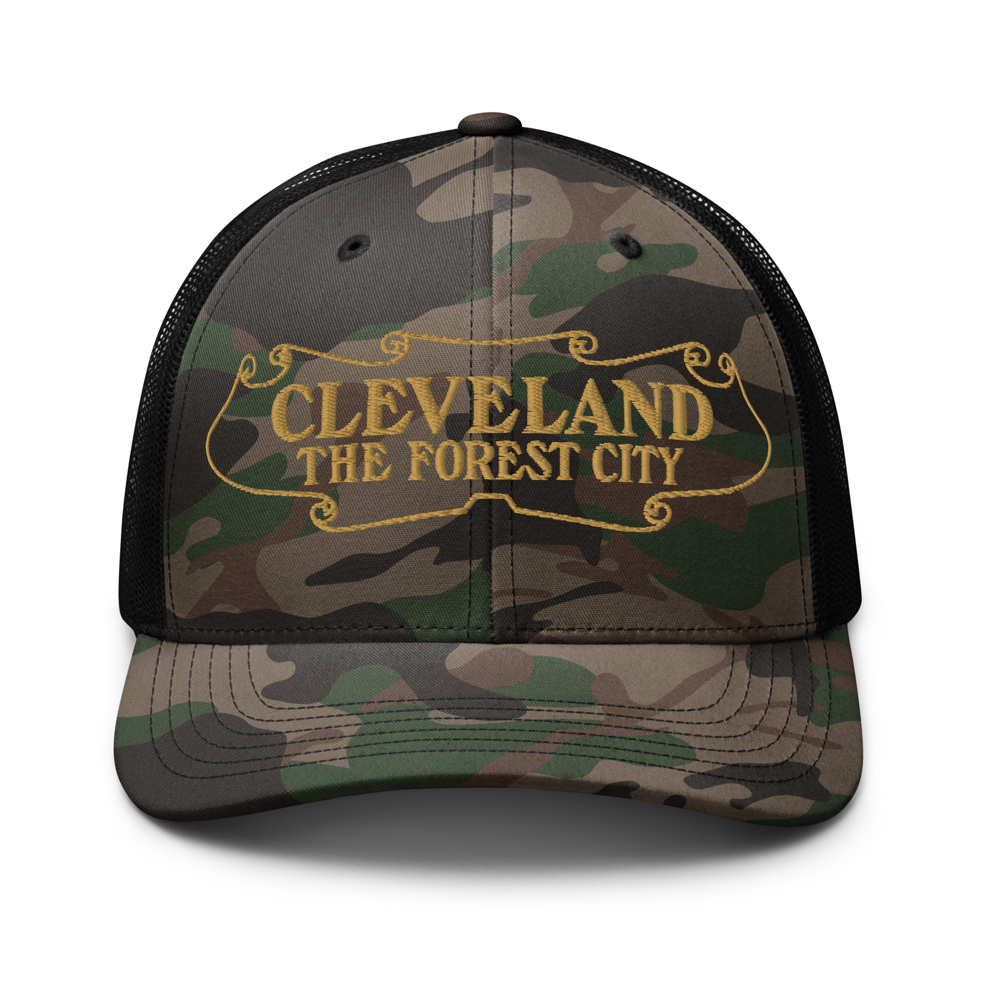 Forest City Camouflage Trucker Cap in black camo with old gold front panel, front view
