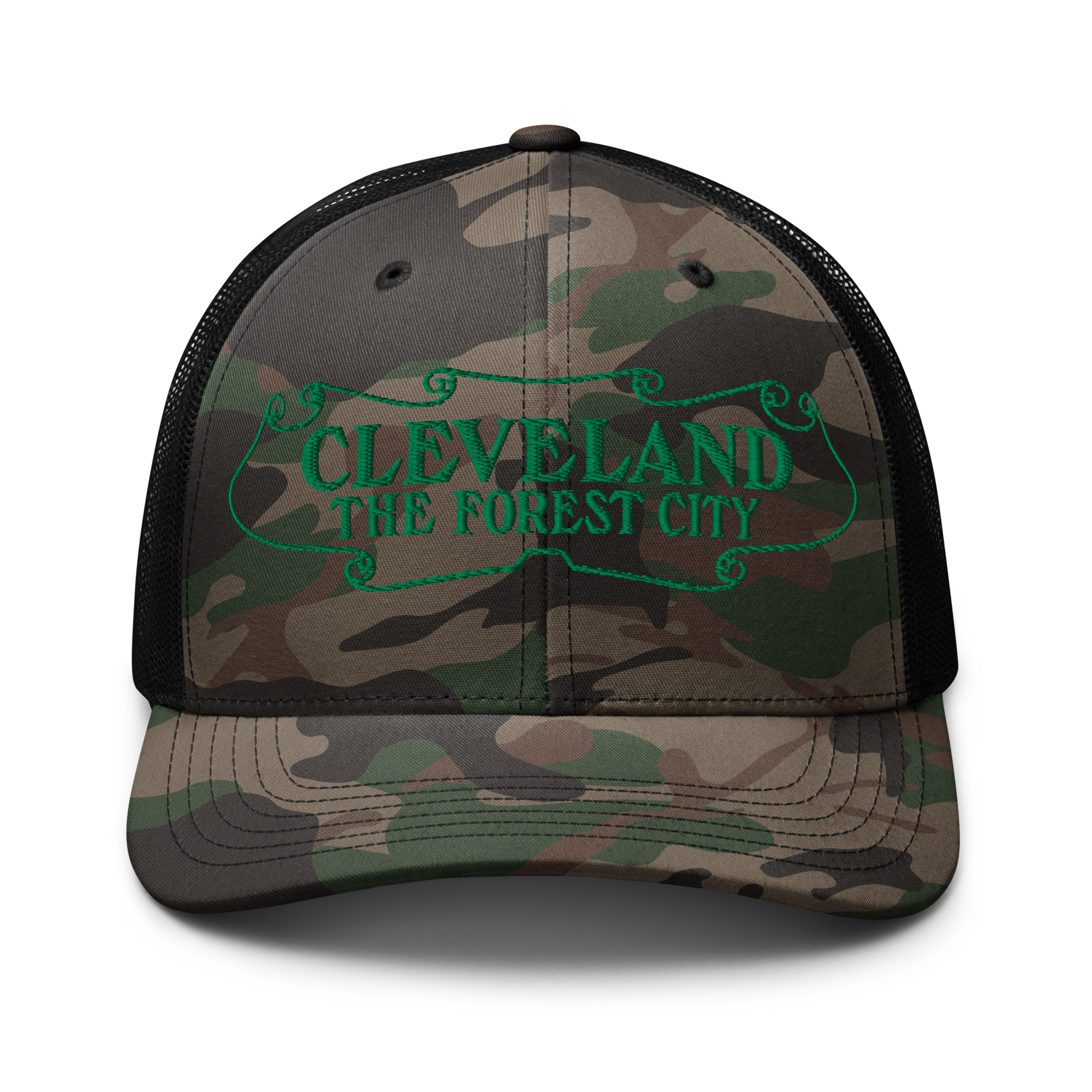 Forest City Camouflage Trucker Cap in black camo with green front panel, front view