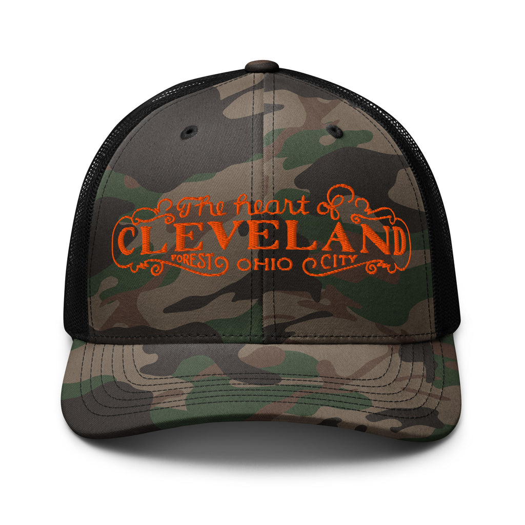 Black camo Heart of Forest City camouflage trucker cap with orange embroidery, front view