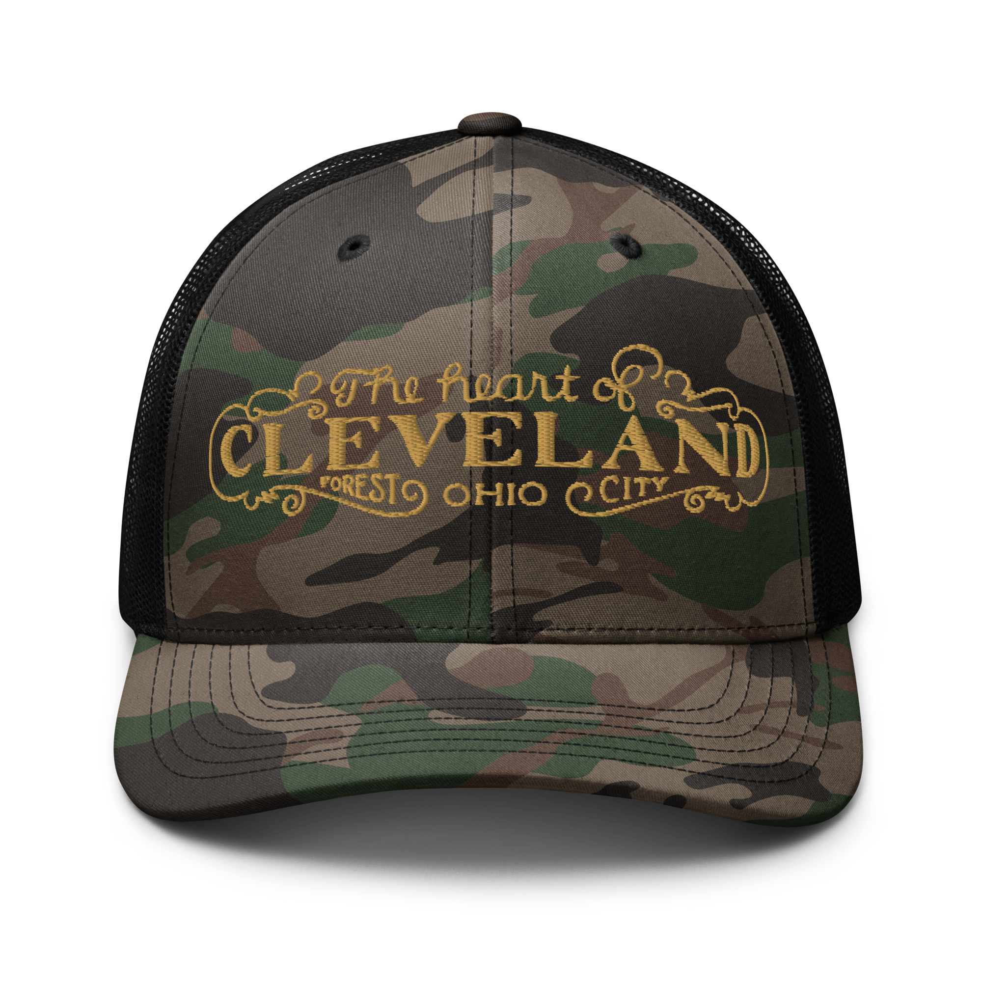 The Heart of Forest City Camouflage Trucker Cap in black camo, front view