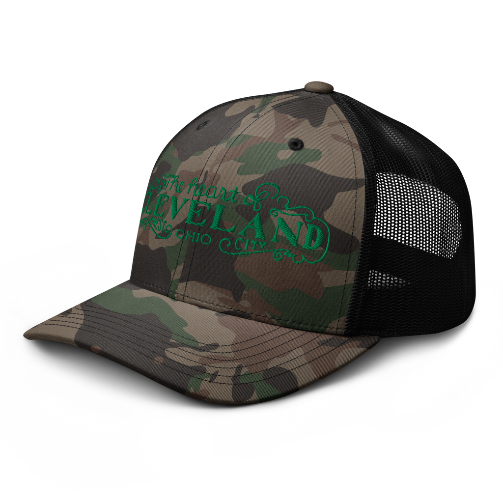 Black camo Heart of Forest City camouflage trucker cap, side view