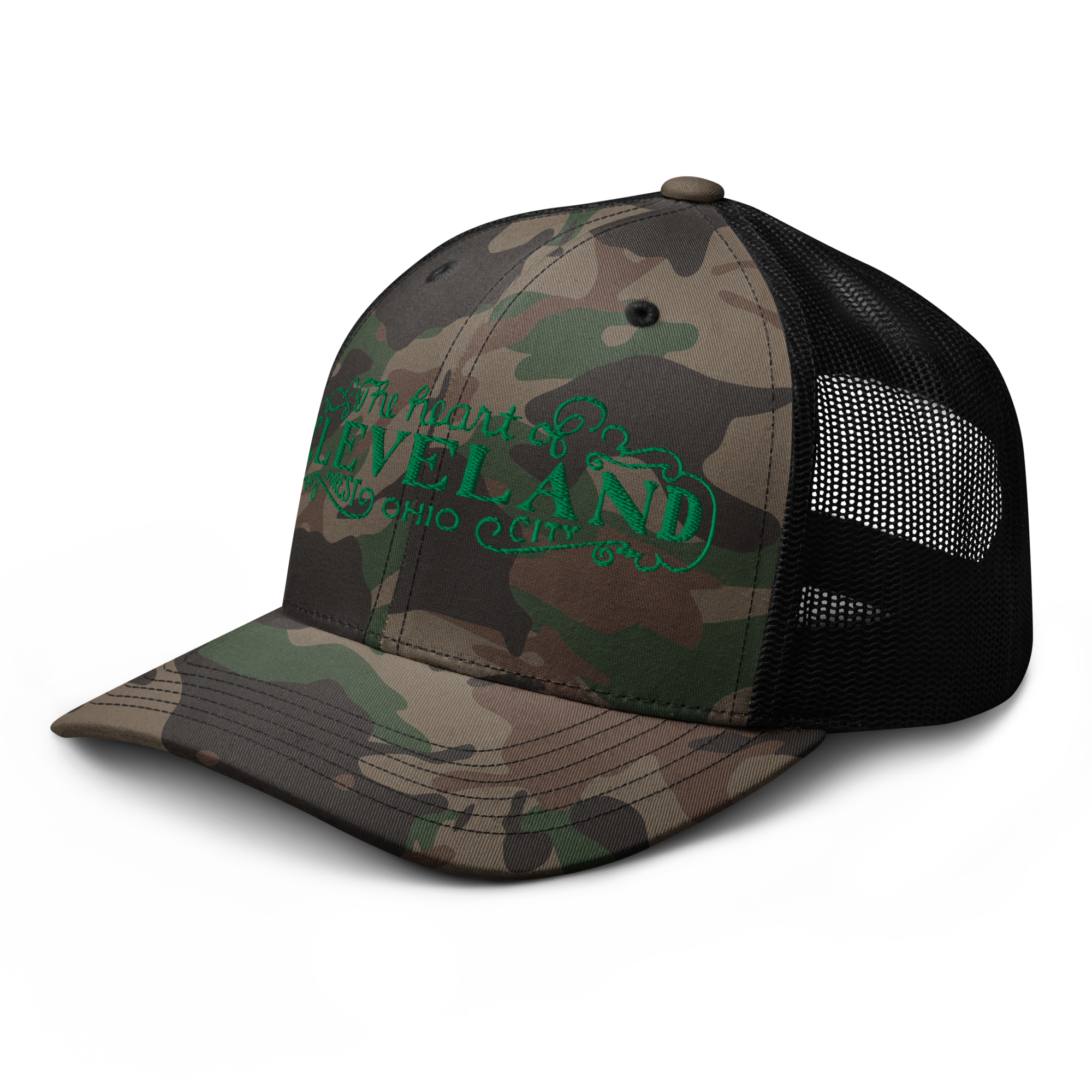 The Heart of Forest City Camouflage Trucker Cap in black camo, side view