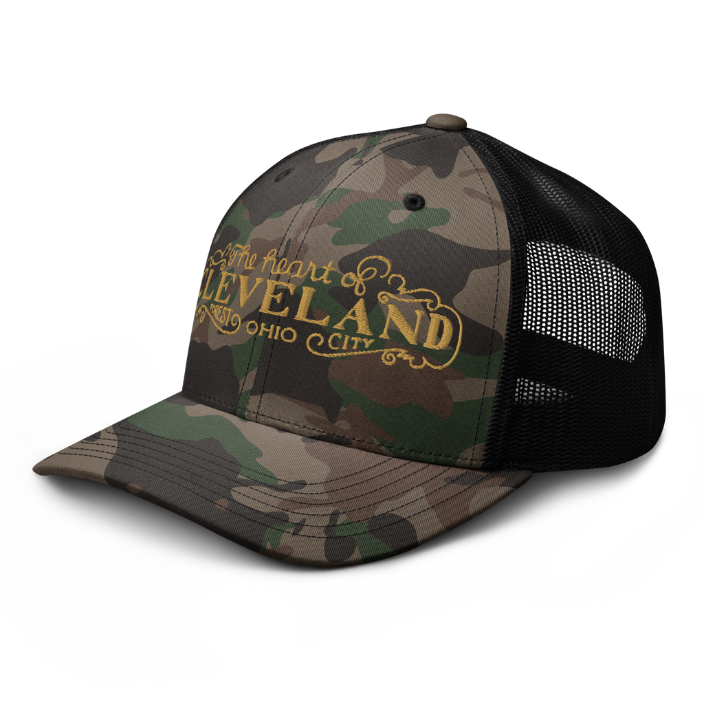 Black camo Heart of Forest City camouflage trucker cap, alternate side view
