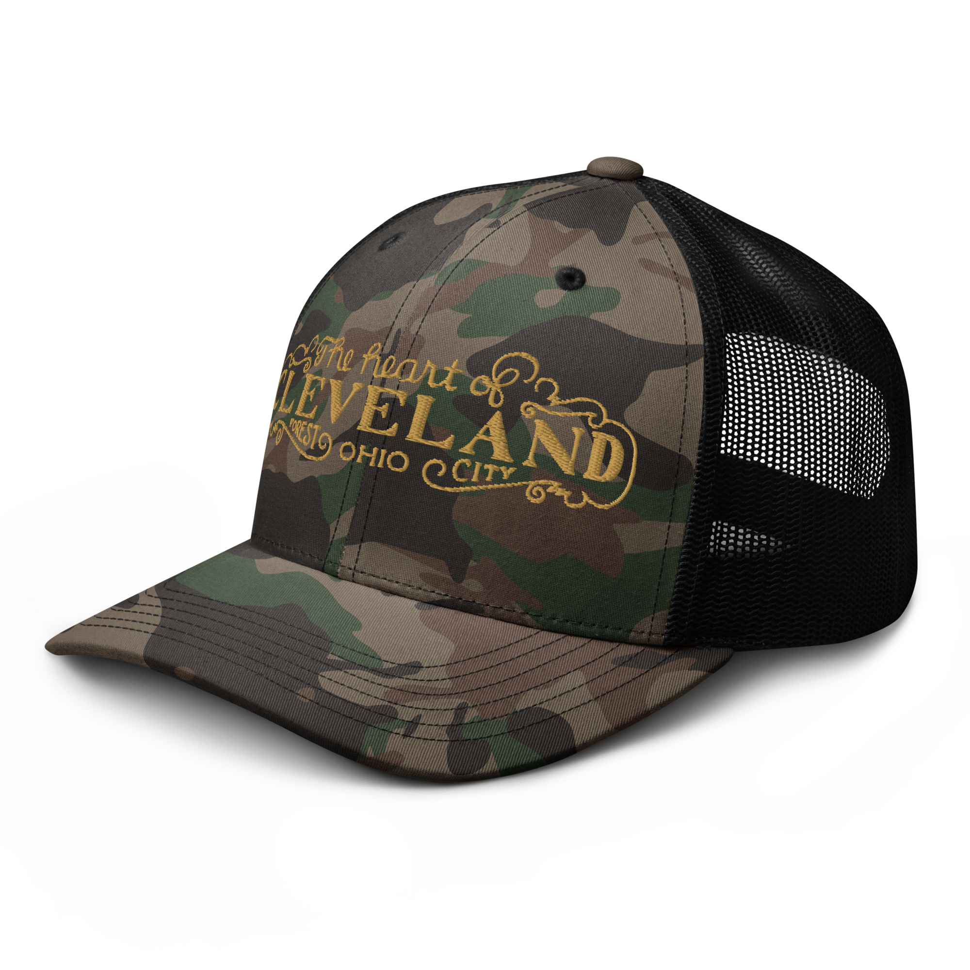 Black camo Heart of Forest City camouflage trucker cap, alternate side view