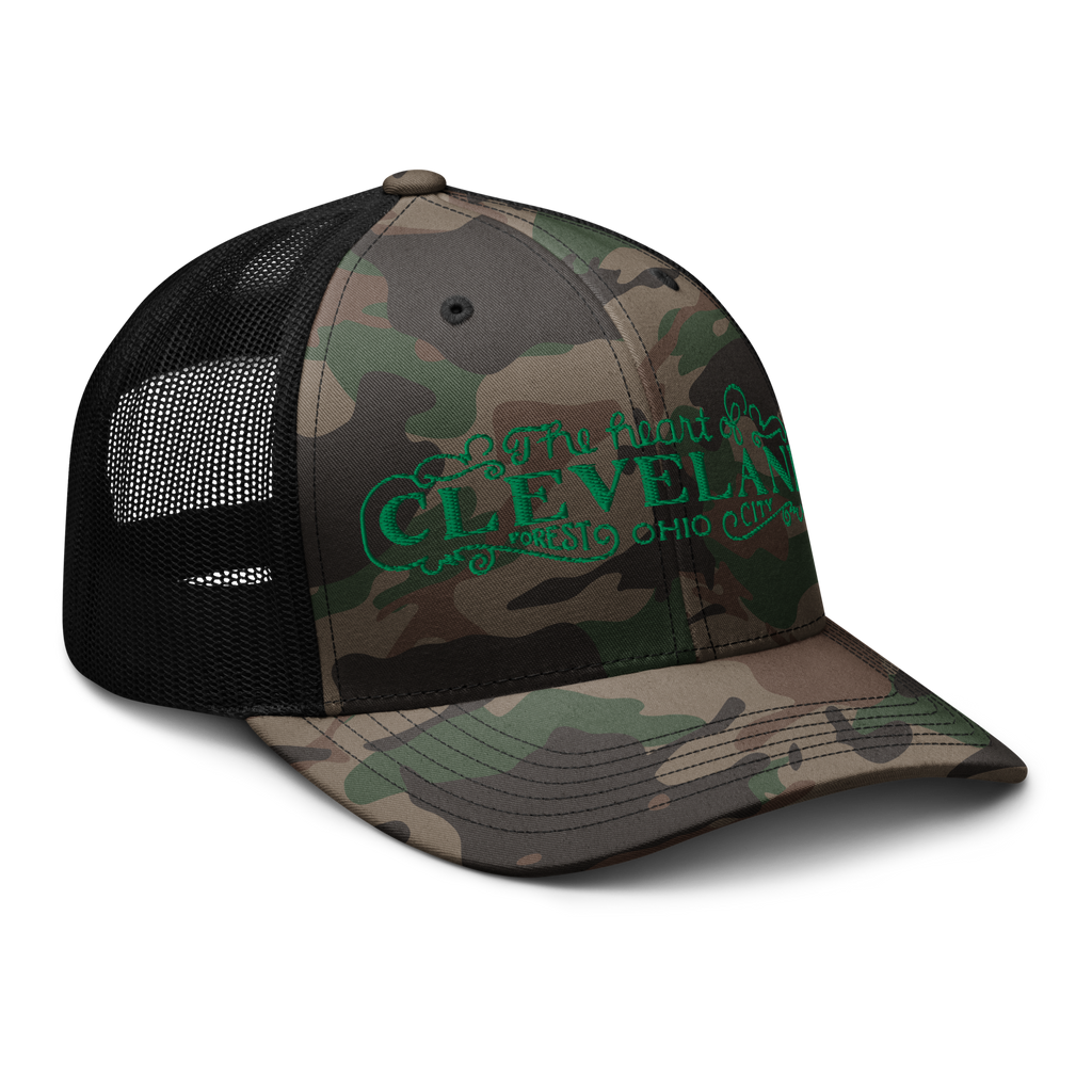 Black camo Heart of Forest City camouflage trucker cap, angled view