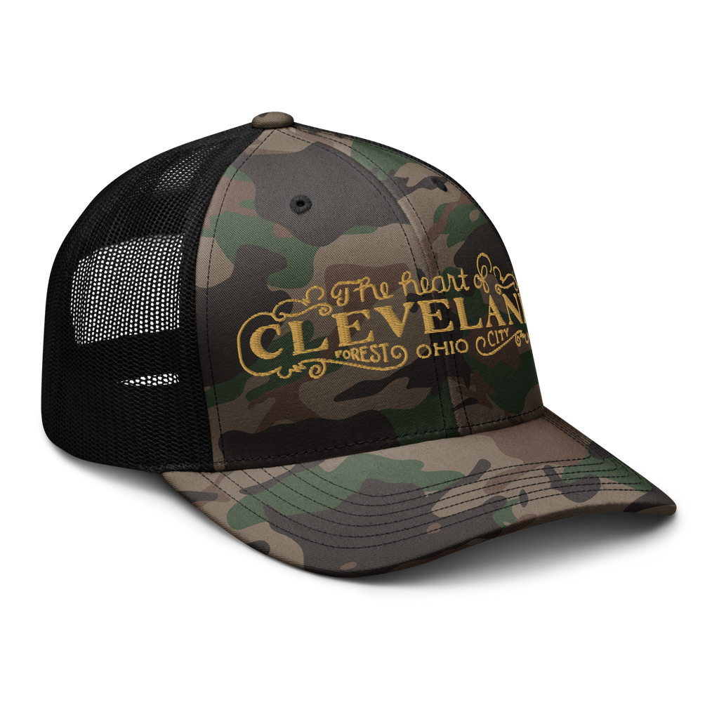Black camo Heart of Forest City camouflage trucker cap, alternate angled view