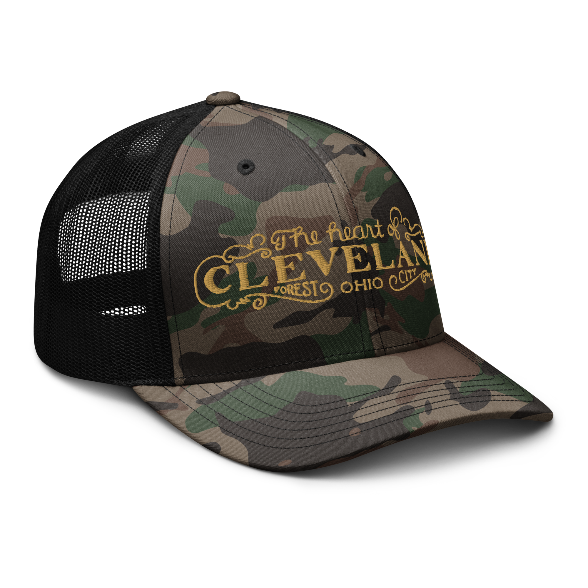 Black camo Heart of Forest City camouflage trucker cap, alternate angled view