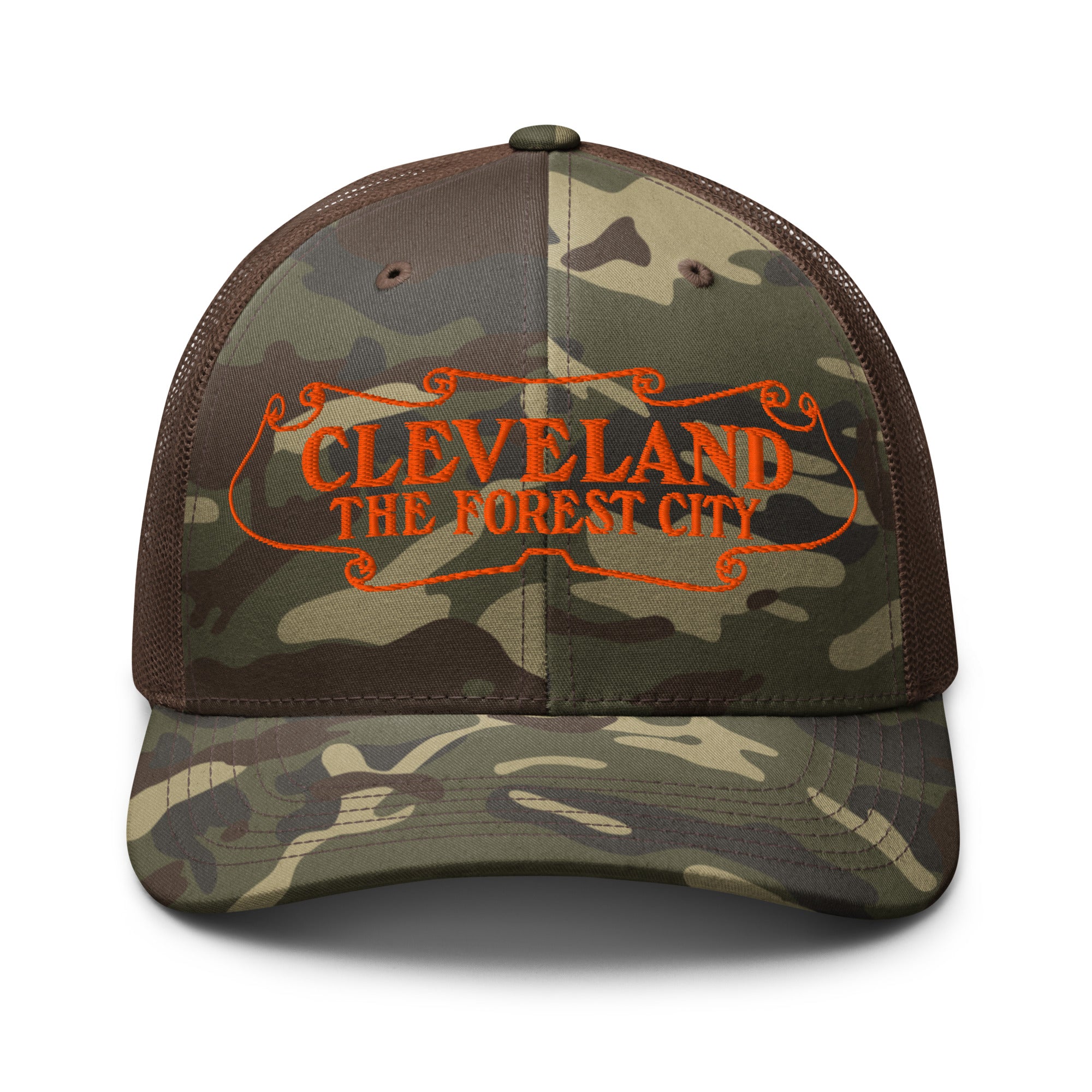 Forest City Camouflage Trucker Cap in brown camo with orange front panel, front view