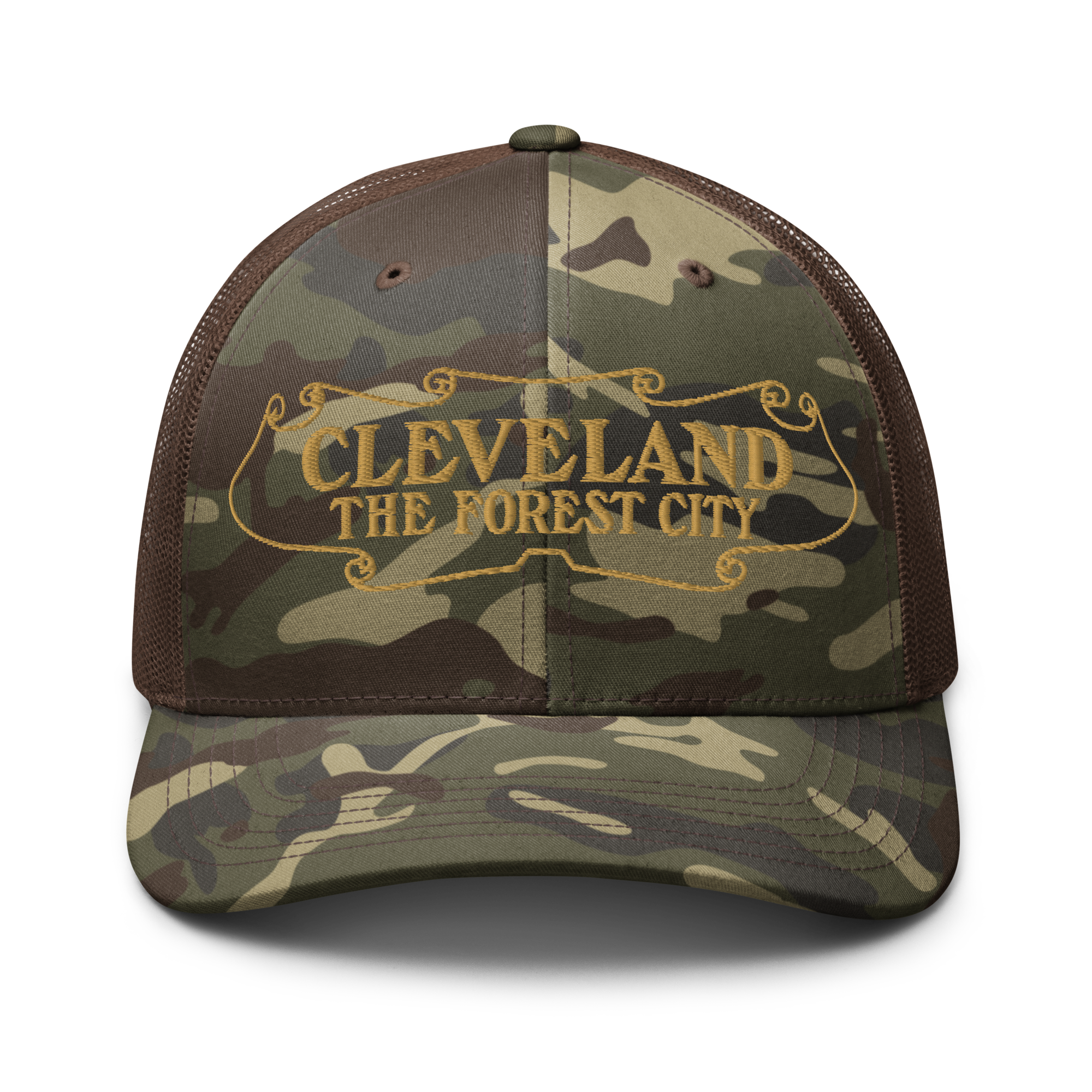 Forest City Camouflage Trucker Cap in brown camo with old gold front panel, front view