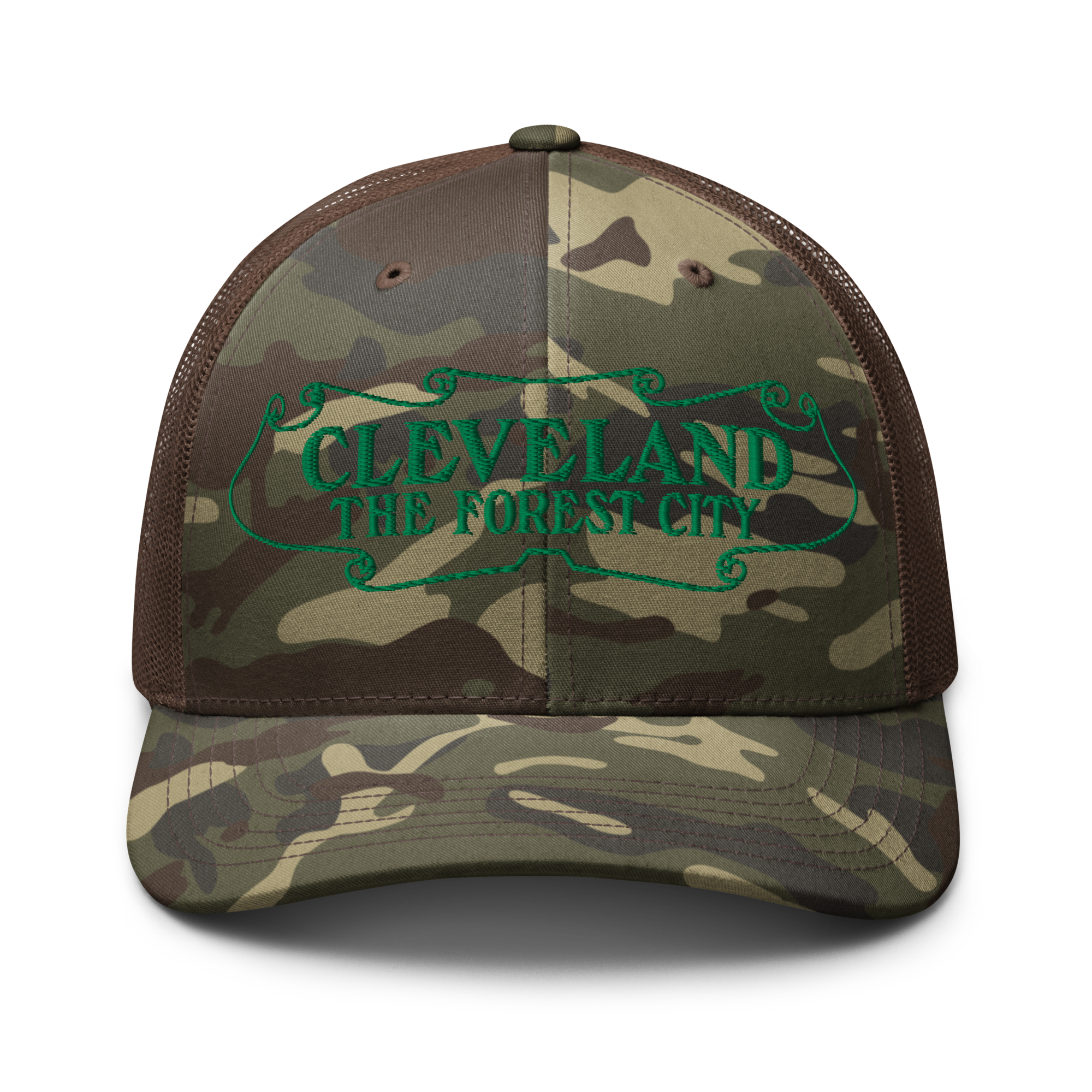 Forest City Camouflage Trucker Cap in brown camo with green front panel, front view