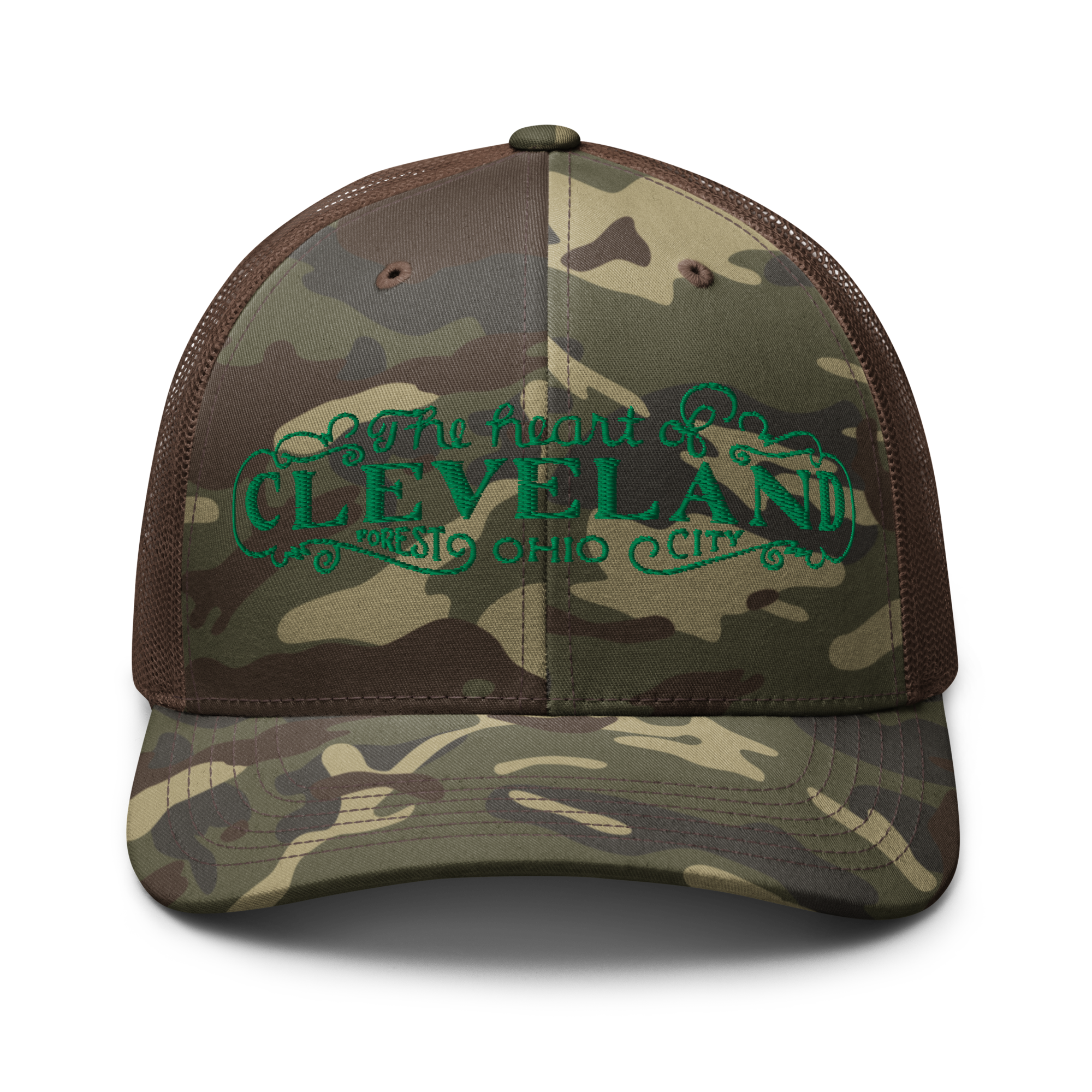 The Heart of Forest City Camouflage Trucker Cap in brown camo, front view
