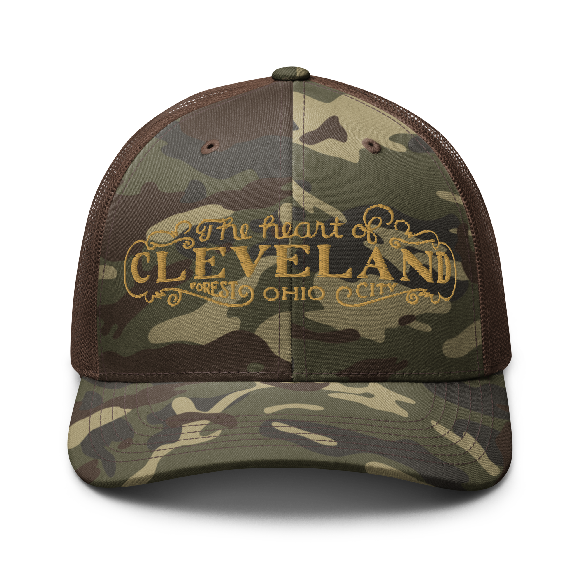 The Heart of Forest City Camouflage Trucker Cap in brown camo, front view