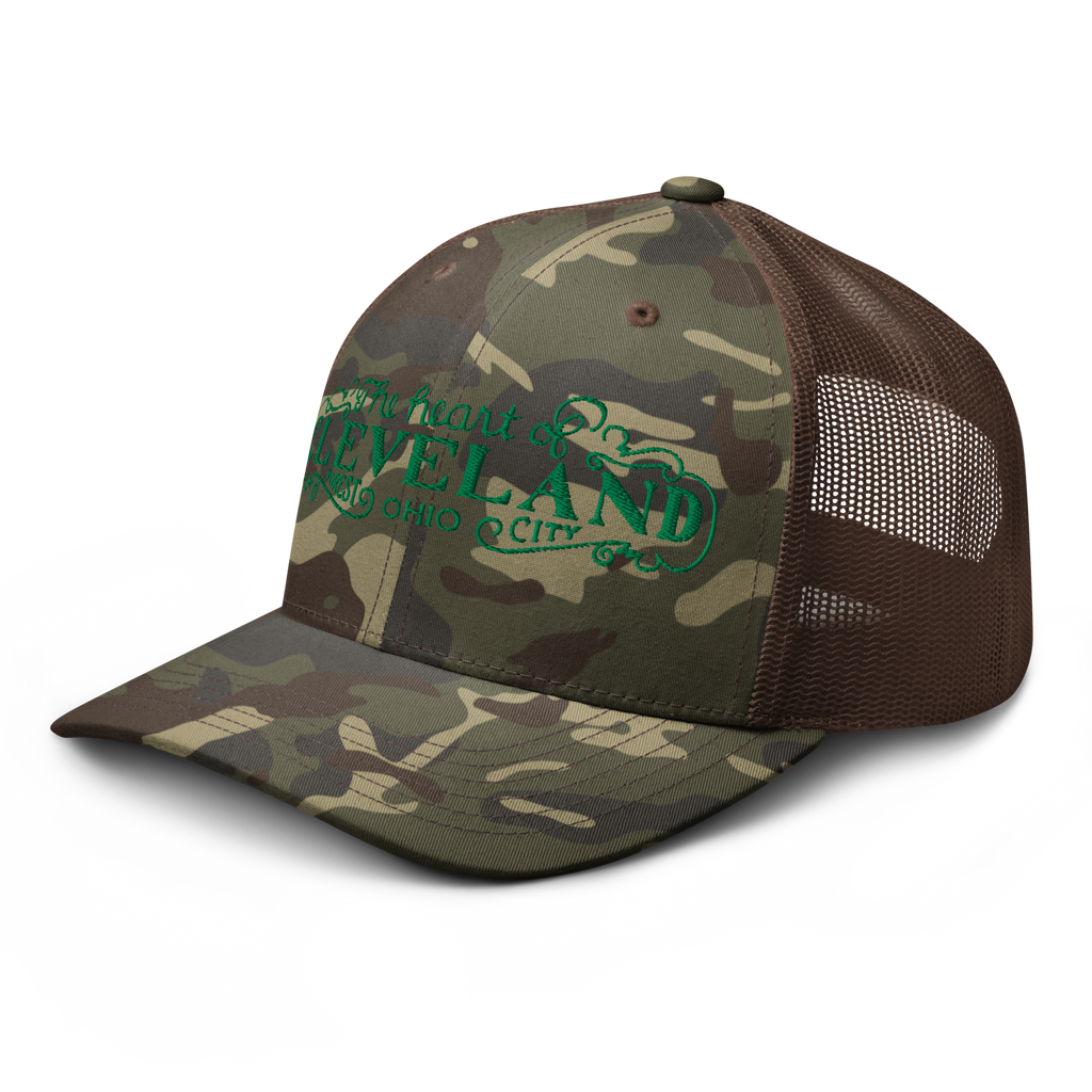 Brown camo Heart of Forest City camouflage trucker cap, side view