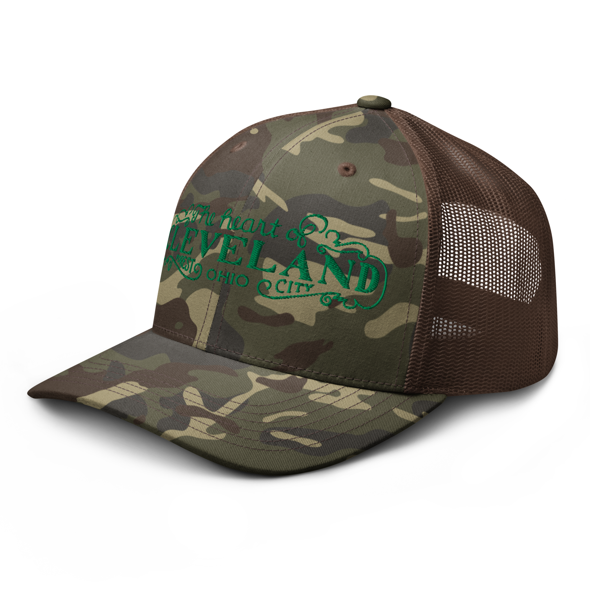 The Heart of Forest City Camouflage Trucker Cap in brown camo, side view