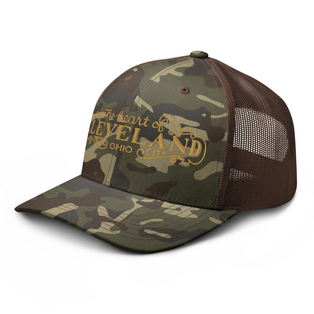 Brown camo Heart of Forest City camouflage trucker cap, alternate side view