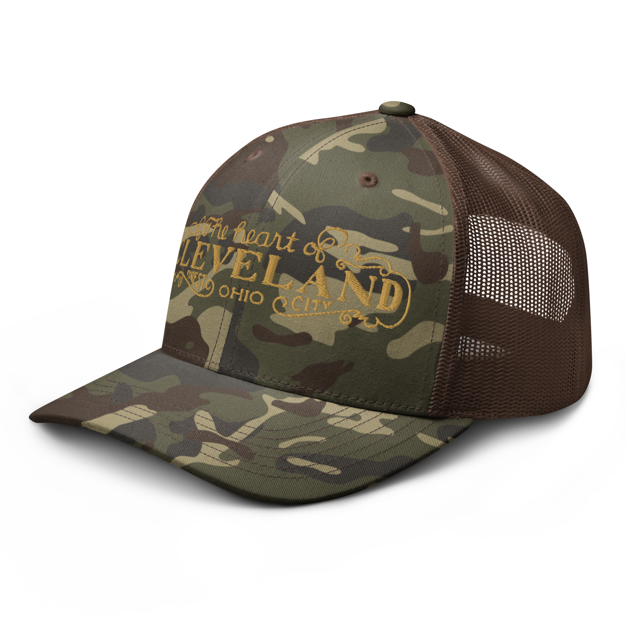 Brown camo Heart of Forest City camouflage trucker cap, alternate side view