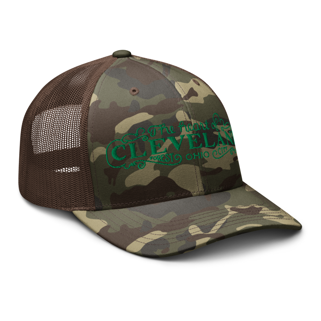 Brown camo Heart of Forest City camouflage trucker cap, angled view