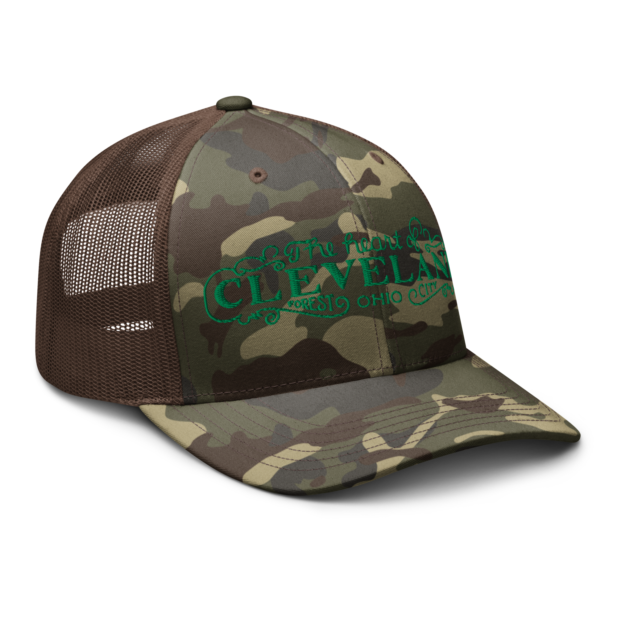 The Heart of Forest City Camouflage Trucker Cap in brown camo, right angle view