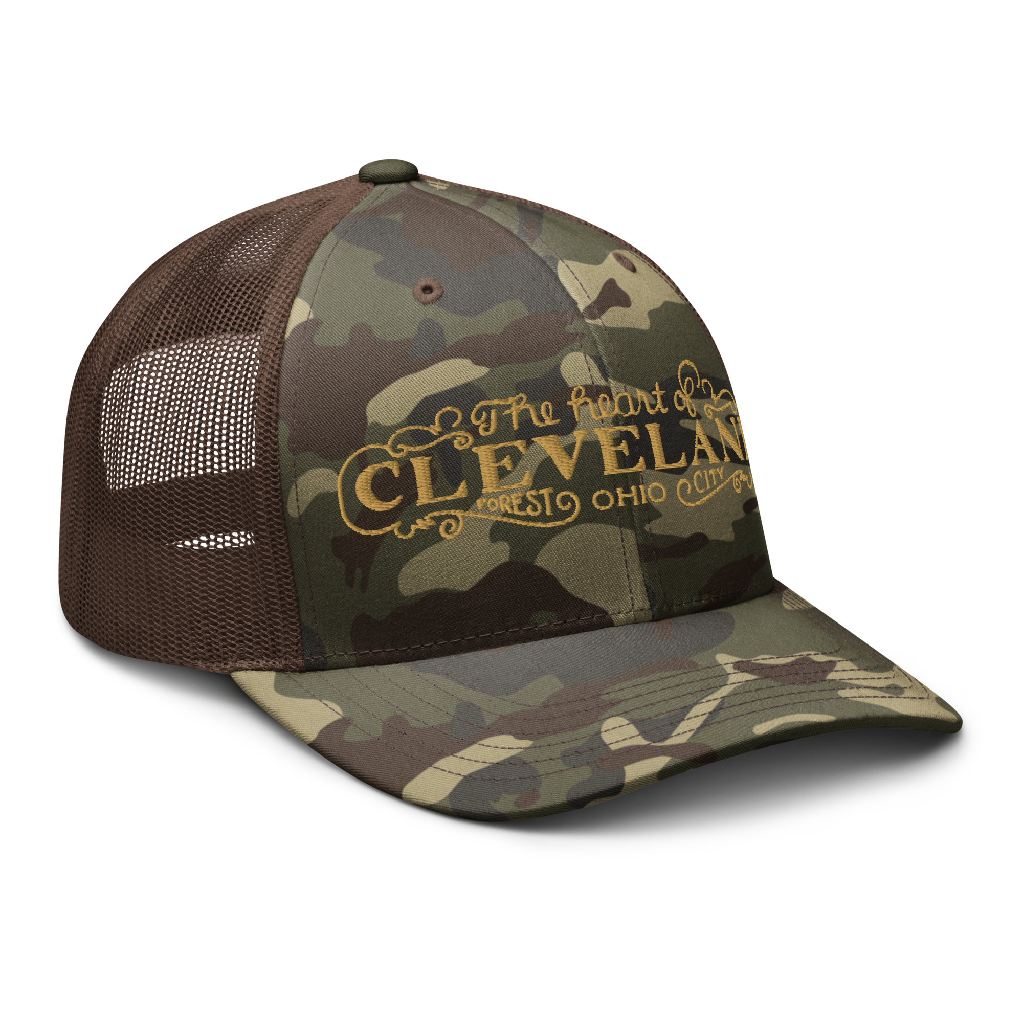 Brown camo Heart of Forest City camouflage trucker cap, alternate angled view