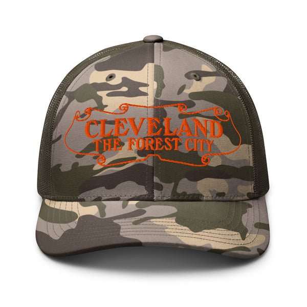 Olive camo Forest City camouflage trucker cap with orange embroidery, front view