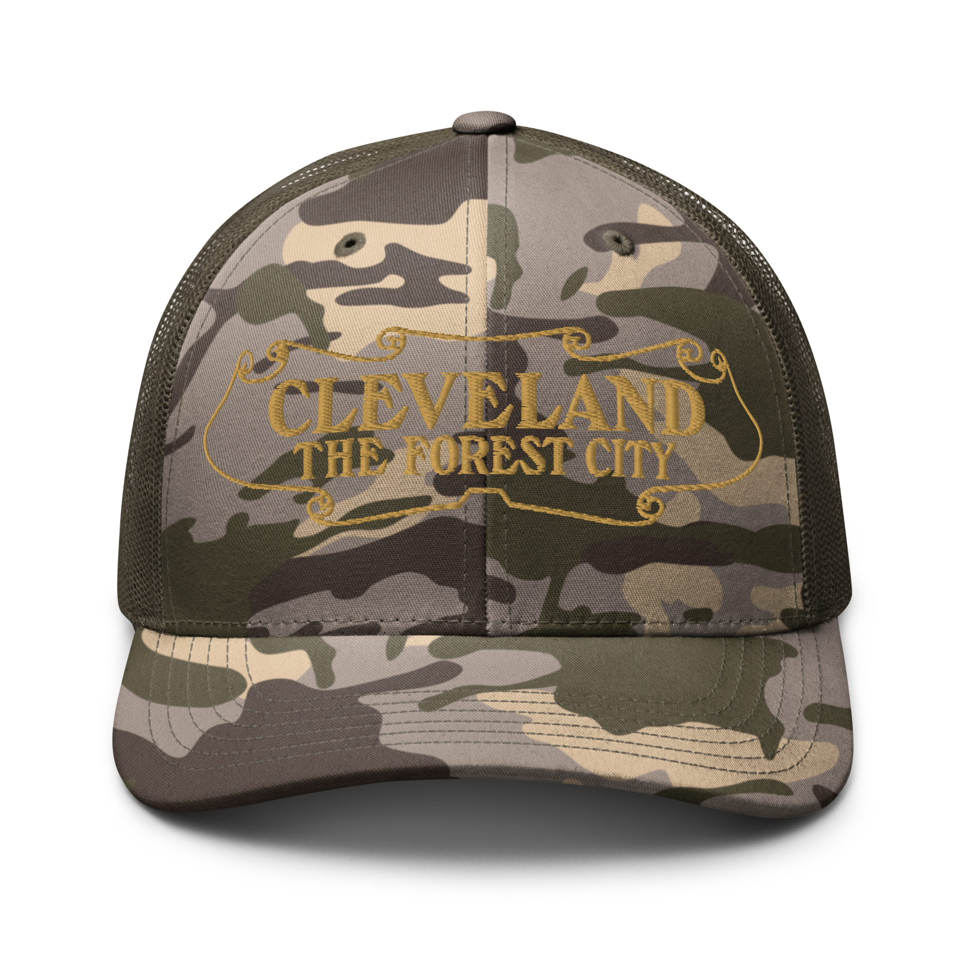 Forest City Camouflage Trucker Cap in olive camo with old gold front panel, front view