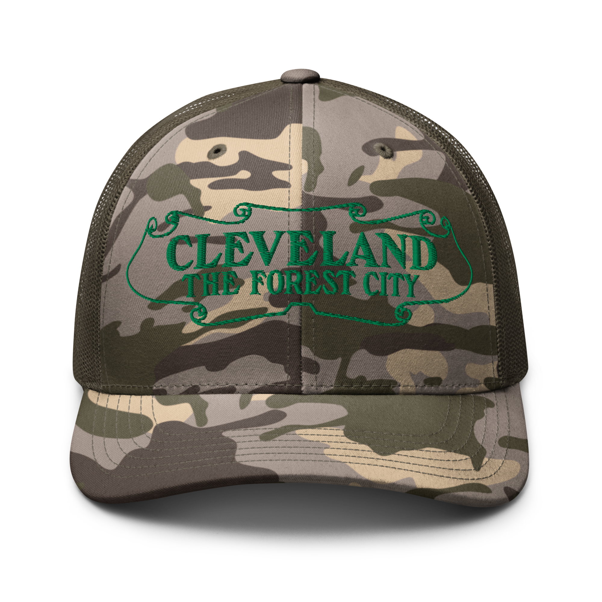 Forest City Camouflage Trucker Cap in olive camo with green front panel, front view