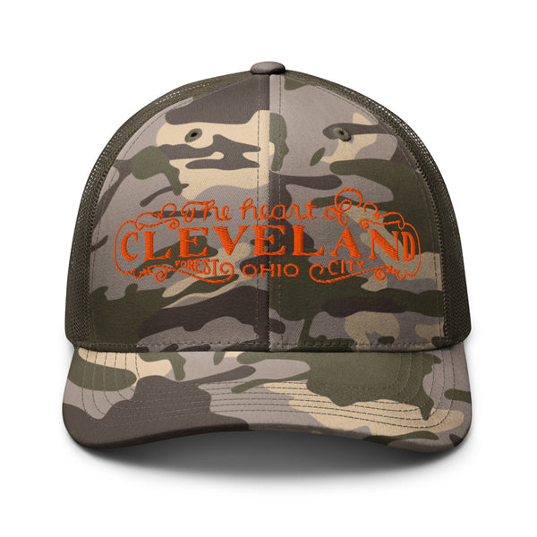 Olive camo Heart of Forest City camouflage trucker cap with orange embroidery, front view