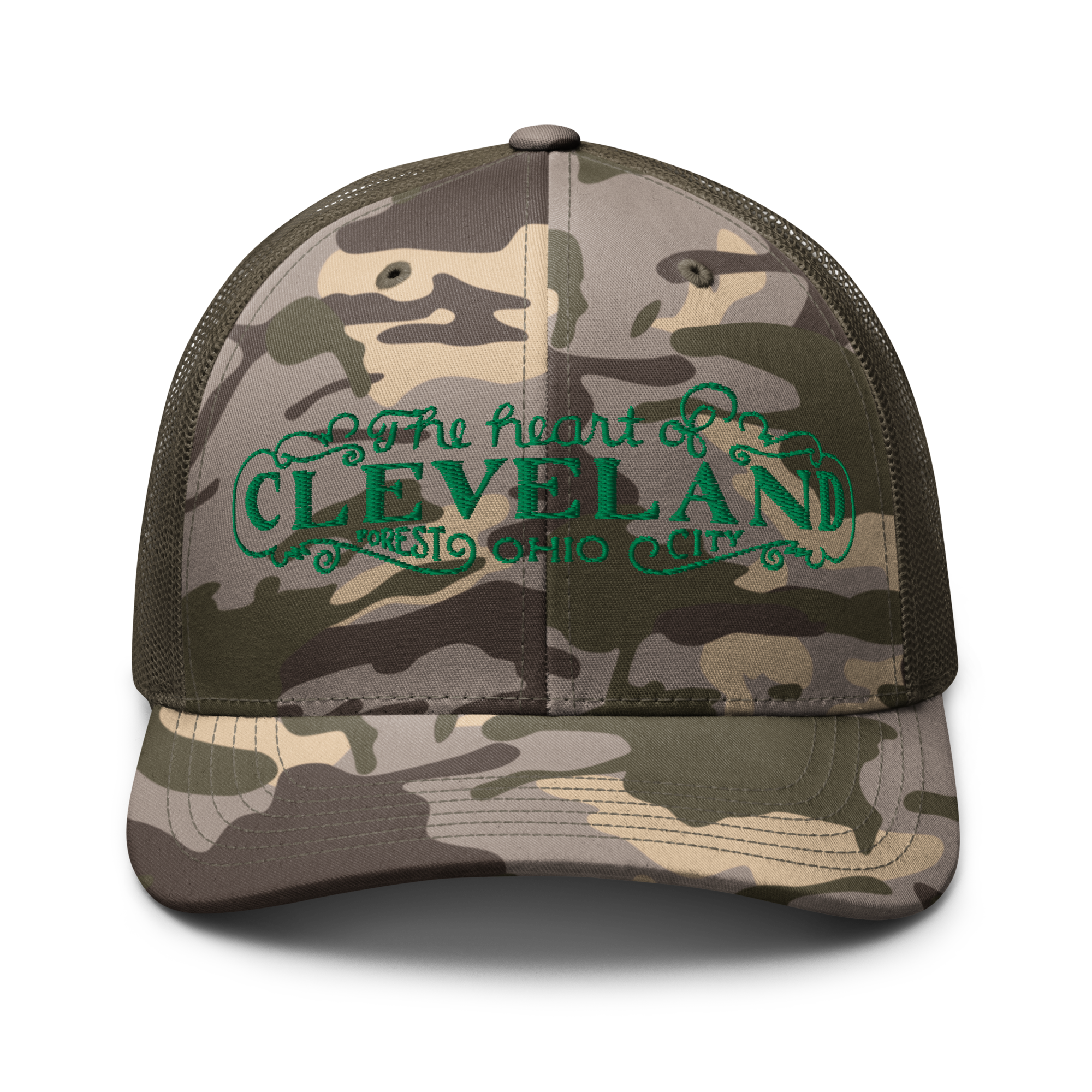 The Heart of Forest City Camouflage Trucker Cap in olive camo, front view