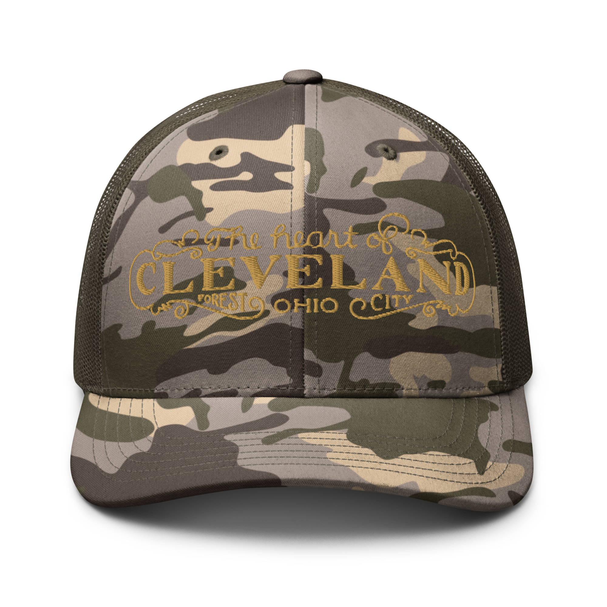 The Heart of Forest City Camouflage Trucker Cap in olive camo, front view