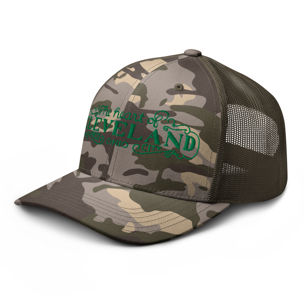 Olive camo Heart of Forest City camouflage trucker cap, side view