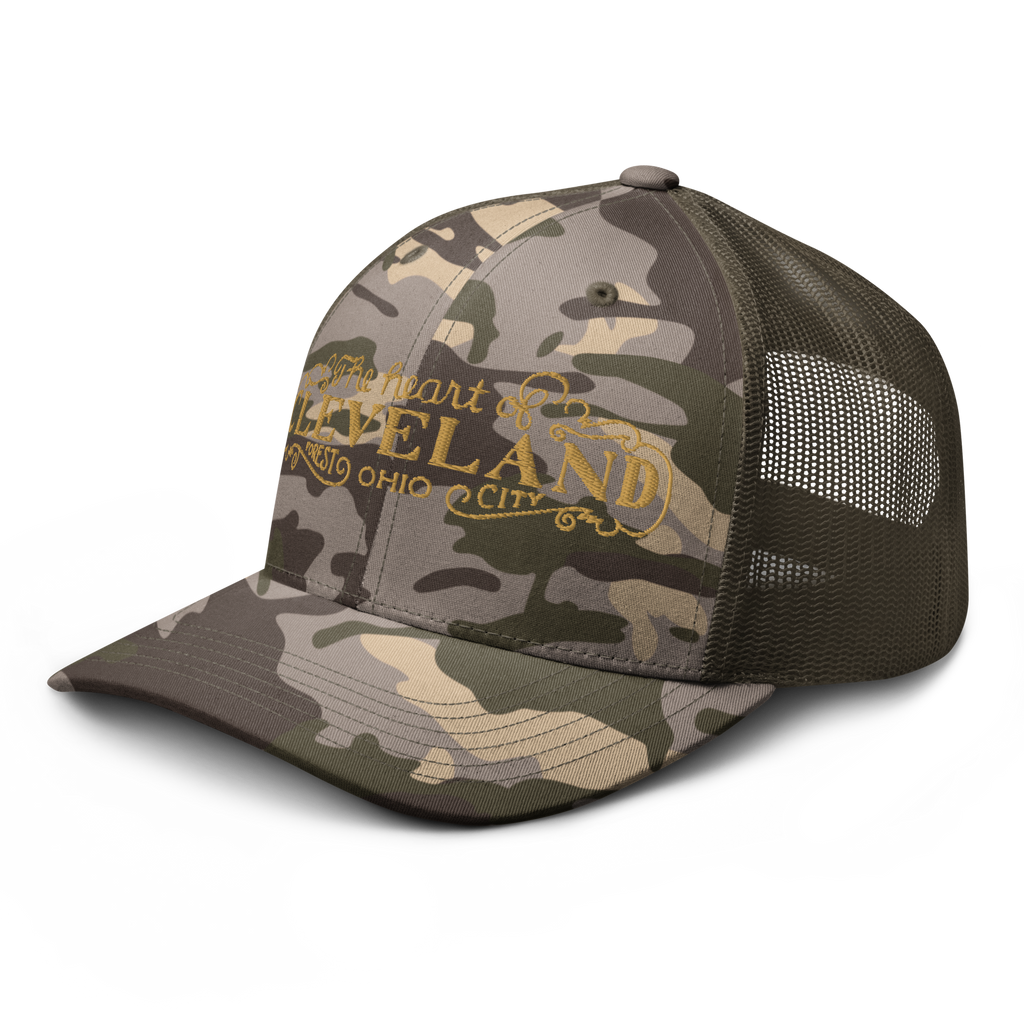 Olive camo Heart of Forest City camouflage trucker cap, alternate side view