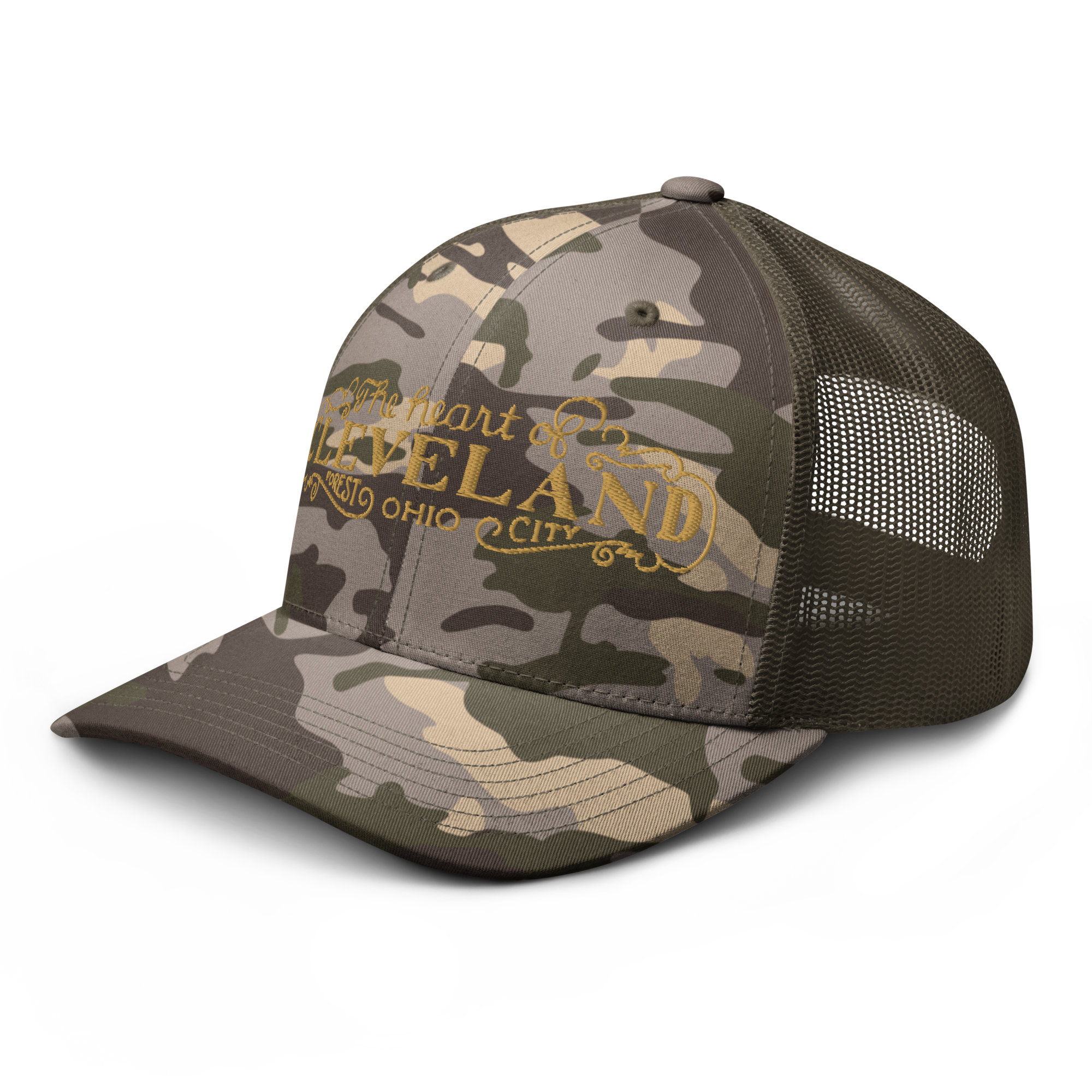 Olive camo Heart of Forest City camouflage trucker cap, alternate side view