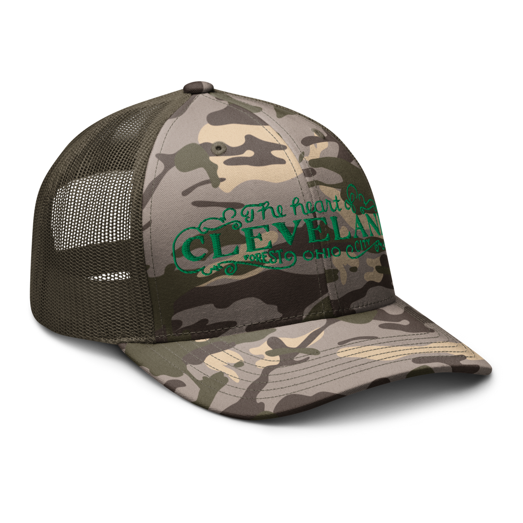 Olive camo Heart of Forest City camouflage trucker cap, angled view