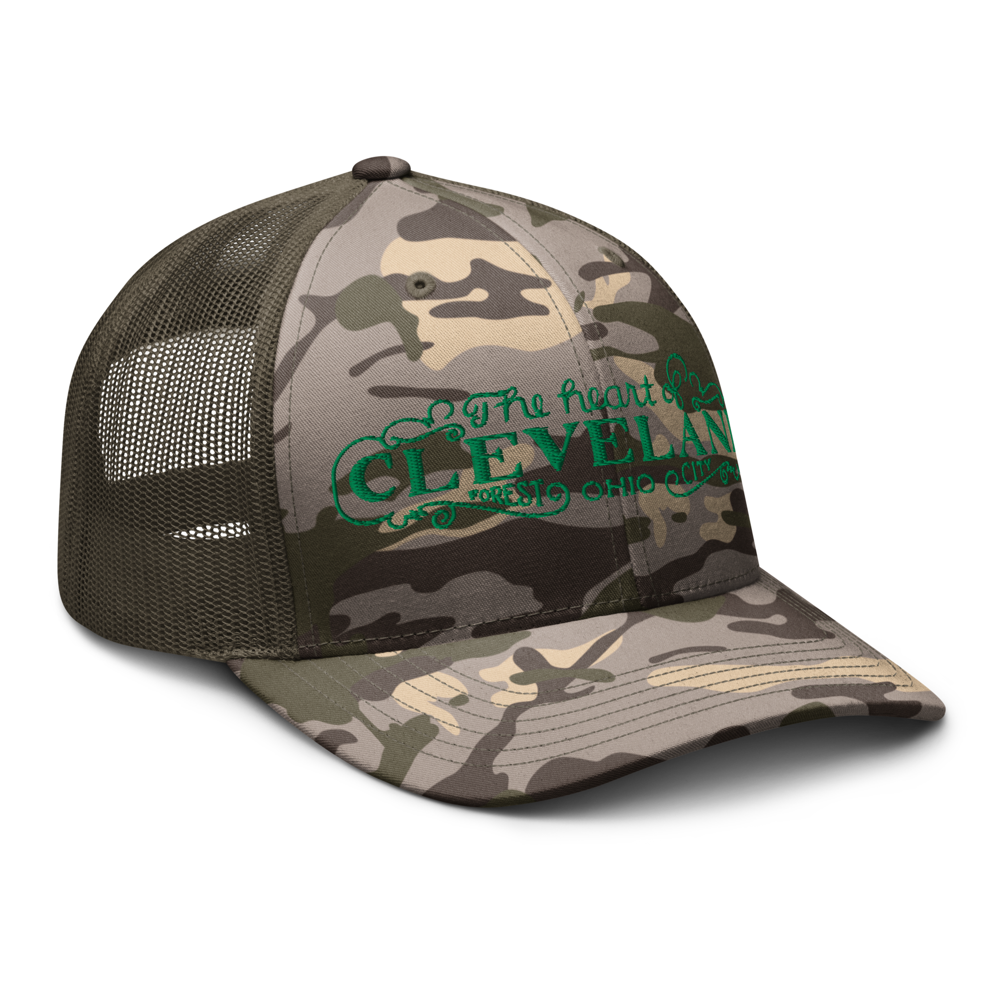 Olive camo Heart of Forest City camouflage trucker cap, angled view