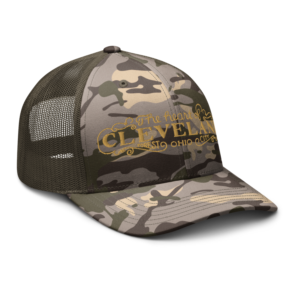 Olive camo Heart of Forest City camouflage trucker cap, alternate angled view