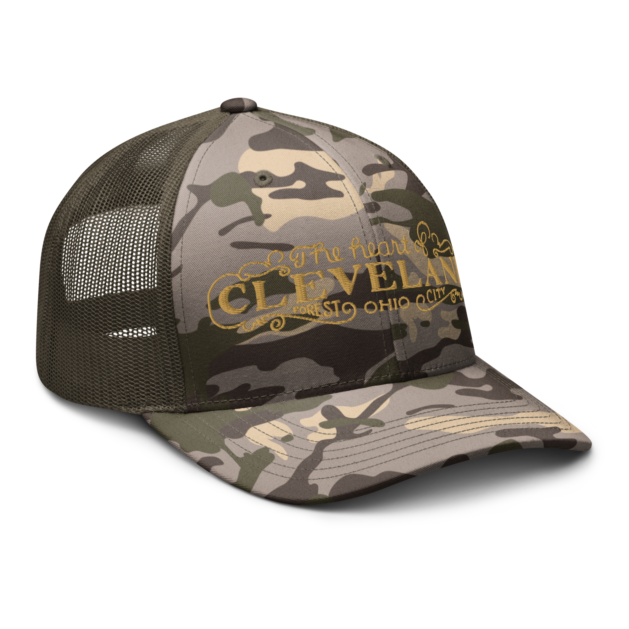 Olive camo Heart of Forest City camouflage trucker cap, alternate angled view