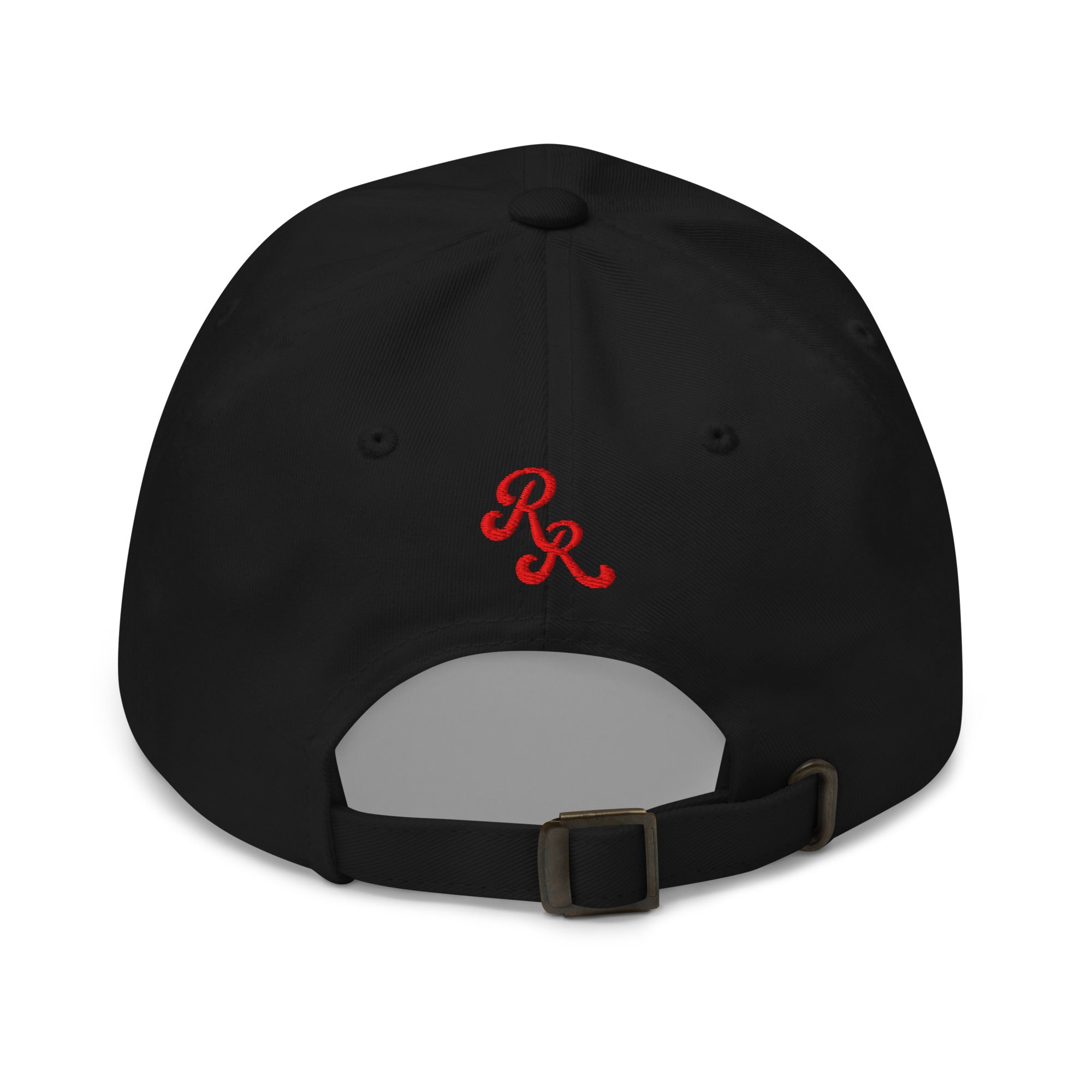 Black cap with a red logo on a white background