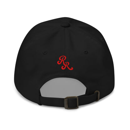 Black cap with a red logo on a white background