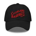 Black cap with red 'Cleveland Baseball Club' text on a white background