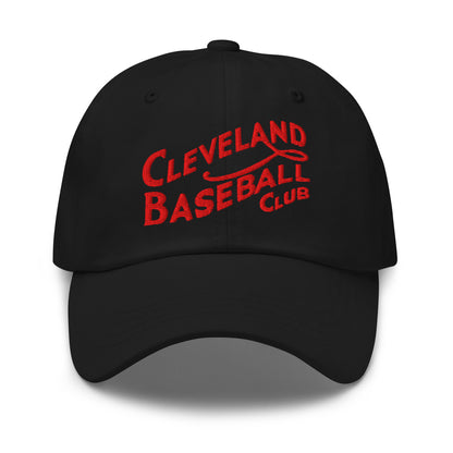 Black cap with red 'Cleveland Baseball Club' text on a white background