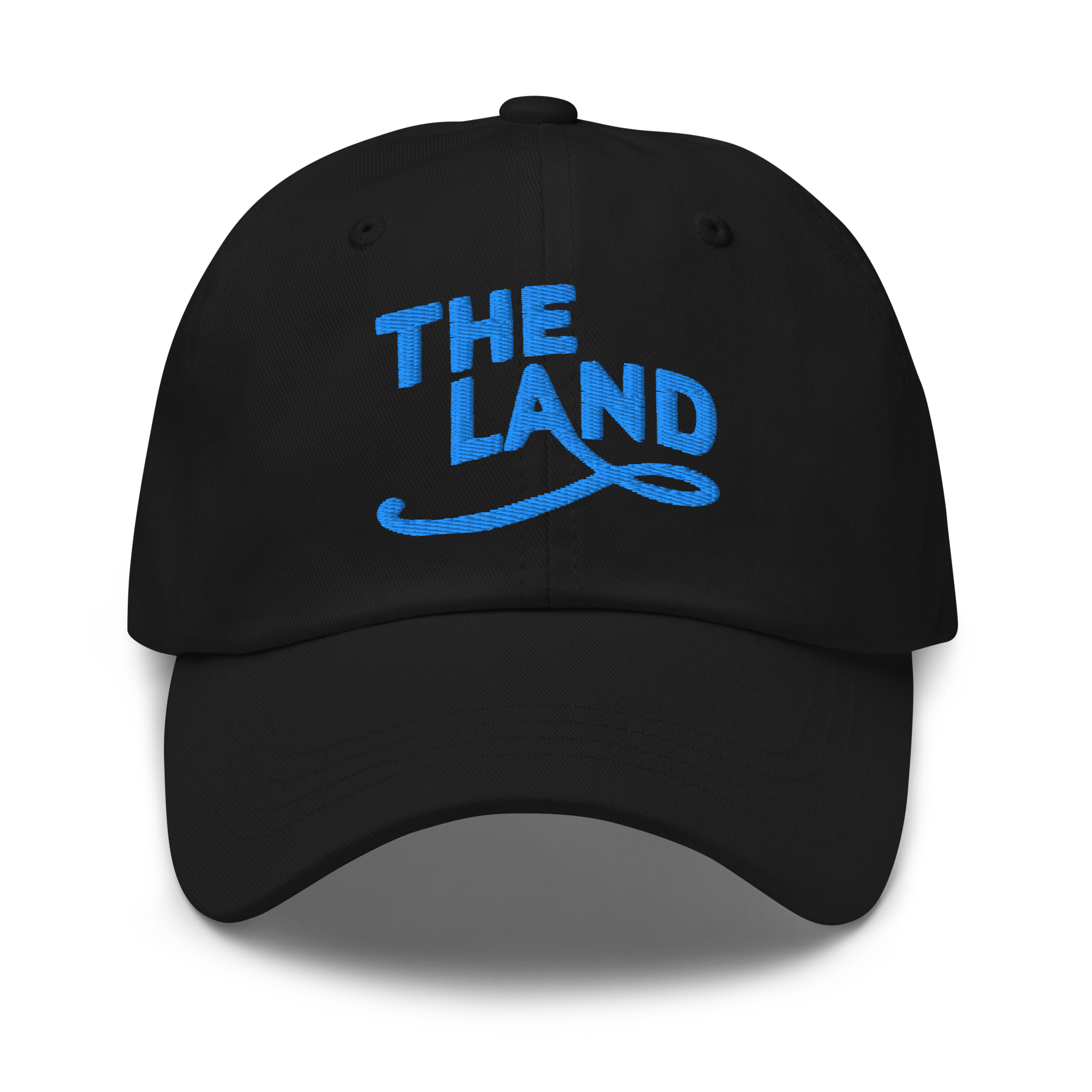 The Land Dad Cap in Black with teal embroidered The Land lettering, front view