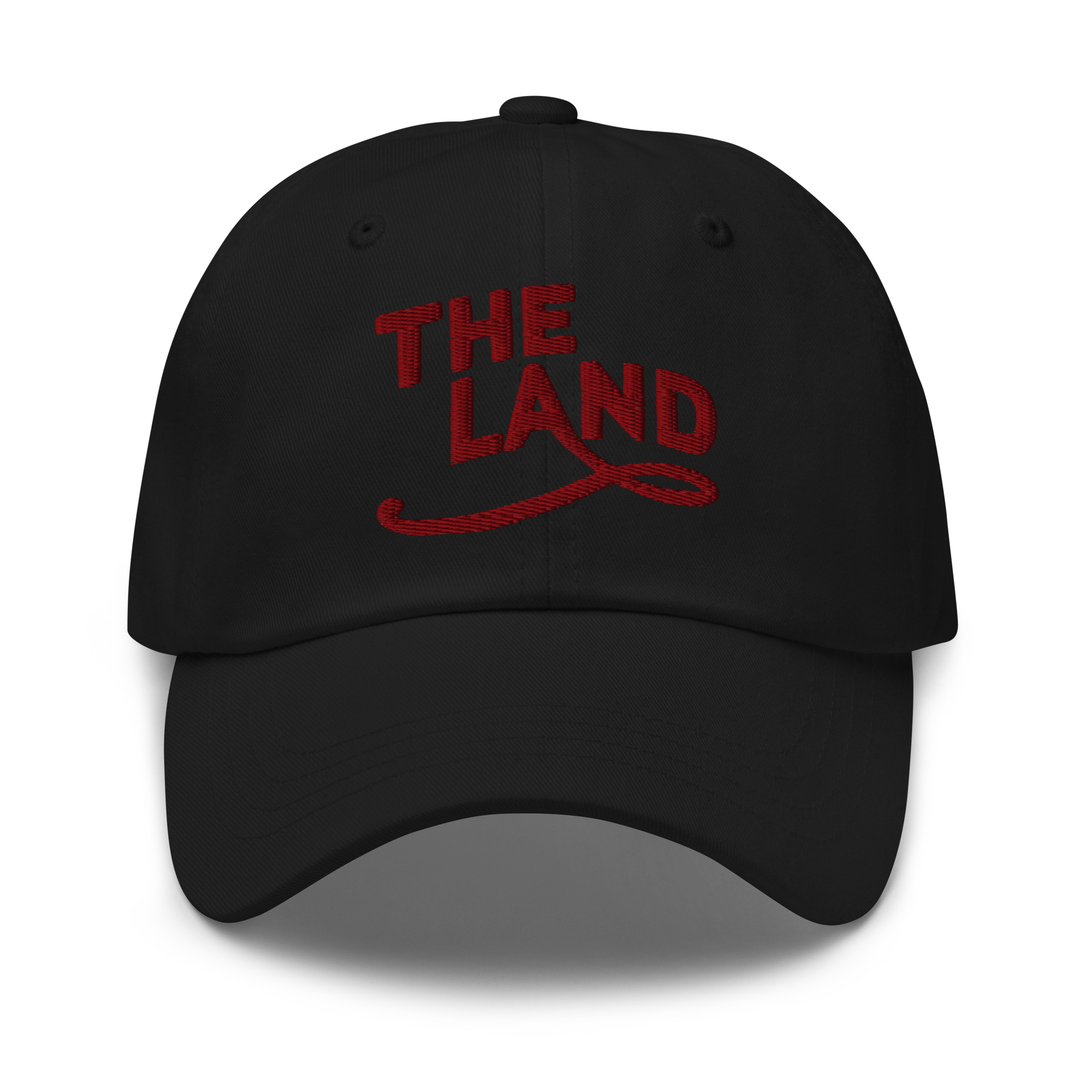 The Land Dad Cap in Black with maroon embroidered The Land lettering, front view