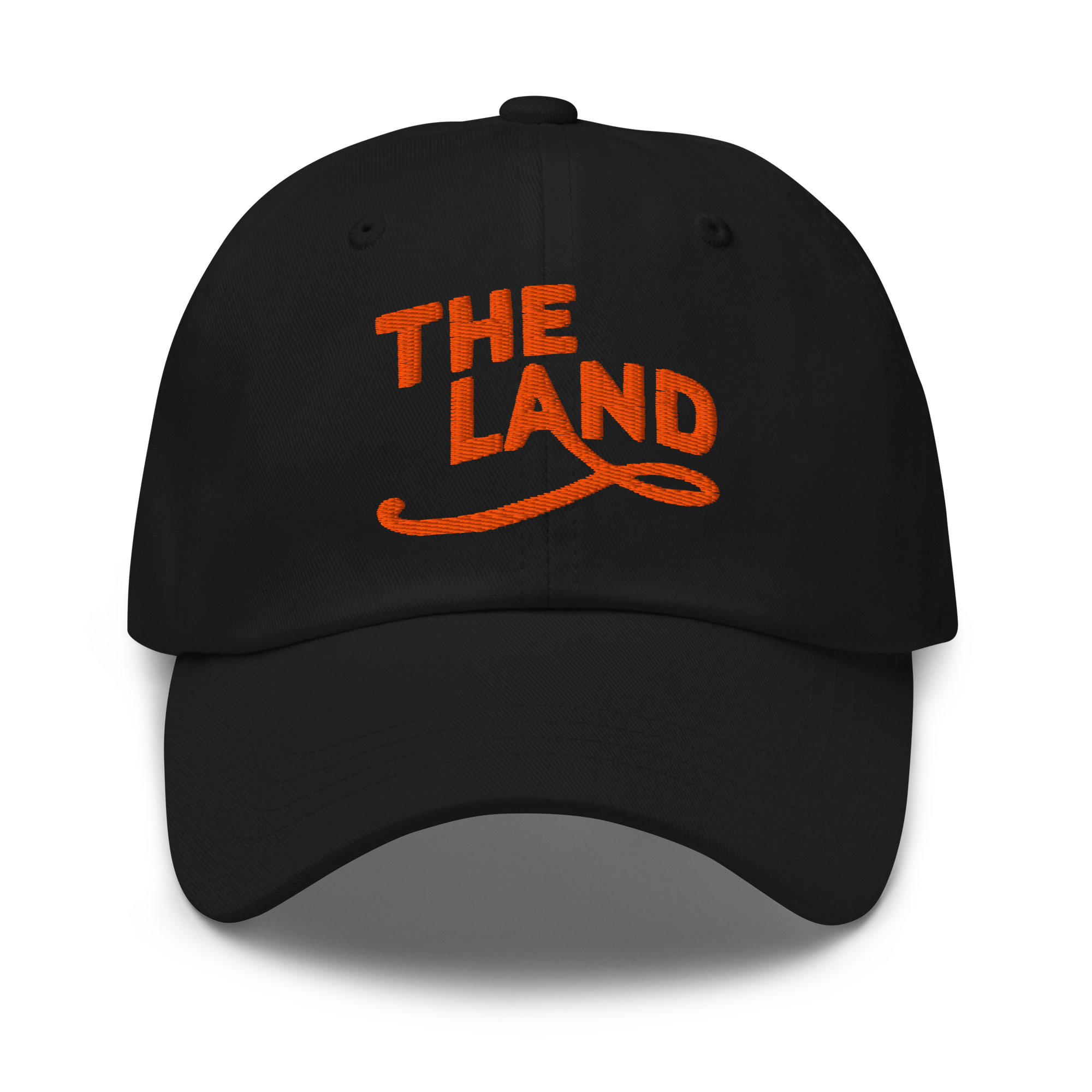The Land Dad Cap in Black with orange embroidered The Land lettering, front view