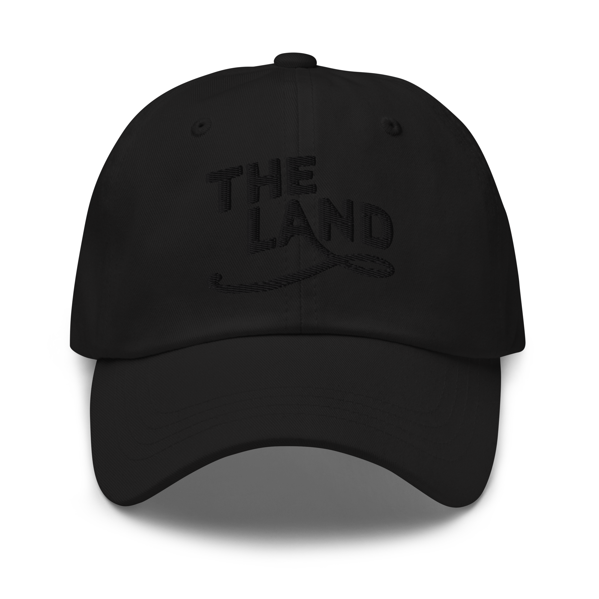 The Land Dad Cap in Black with black embroidered The Land lettering, front view