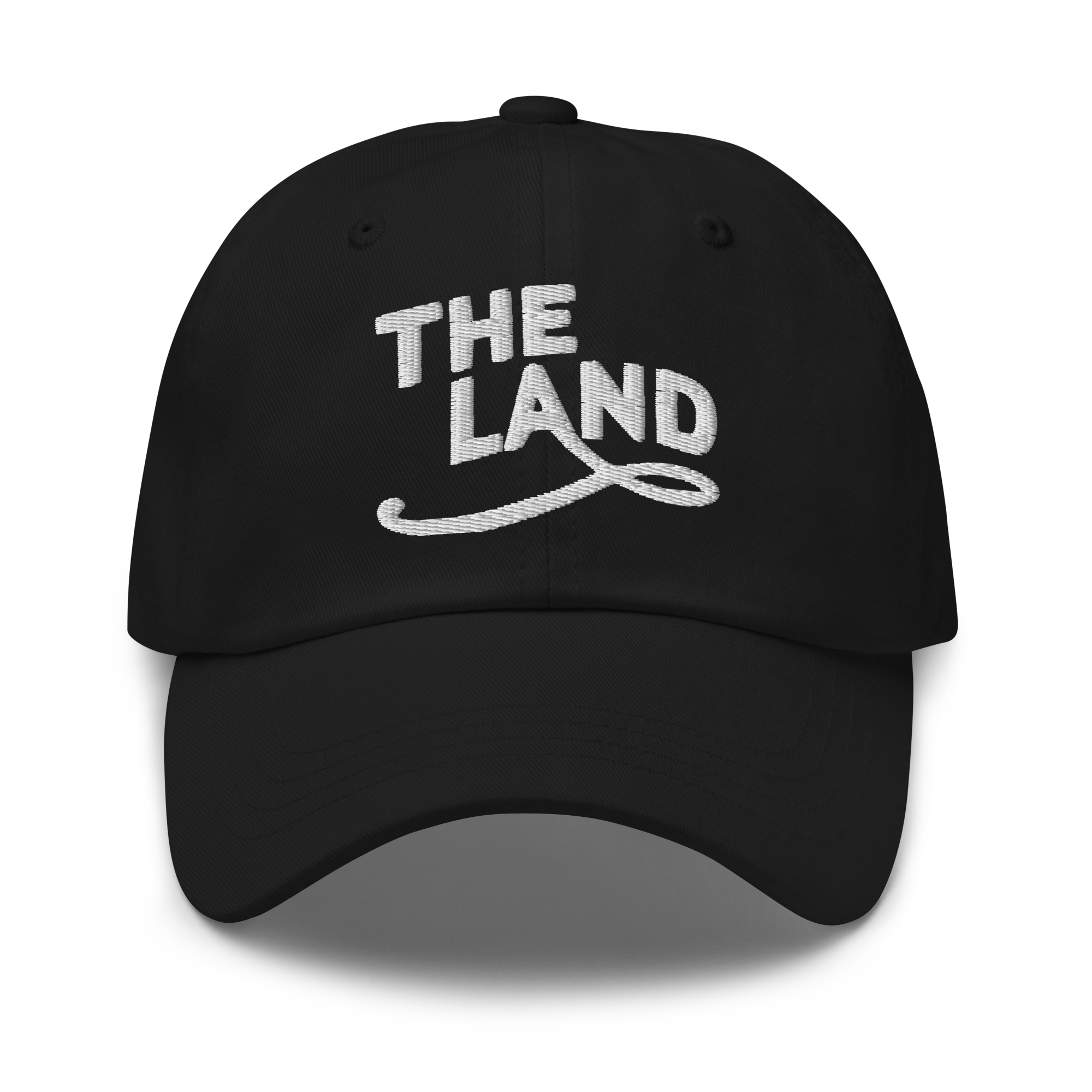 The Land Dad Cap in Black with white embroidered The Land lettering, front view